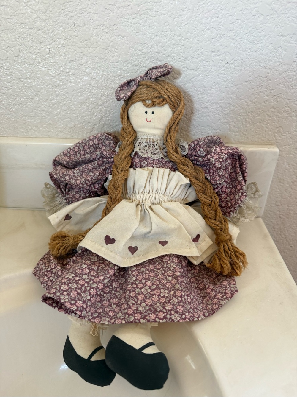Handmade Rag Doll with Purple Floral Dress and Braided Hair